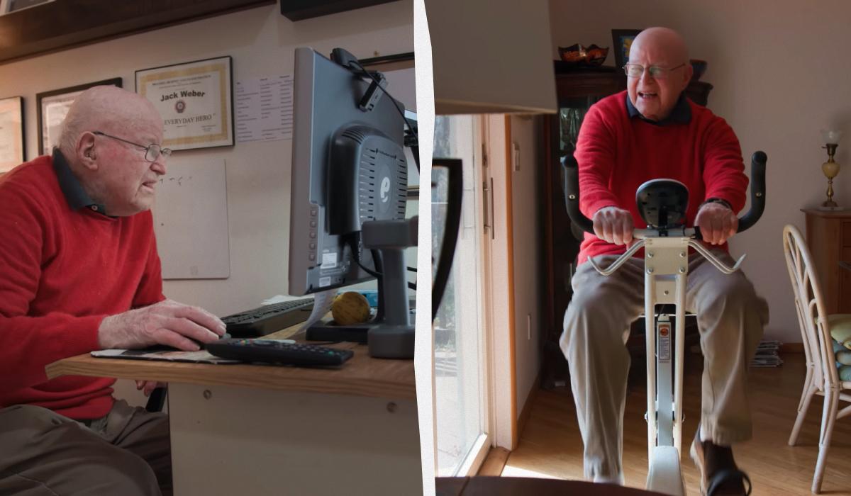 Чоловік користується комп'ютером і тренується на велотренажері / колаж УНІАН, кадри з відео